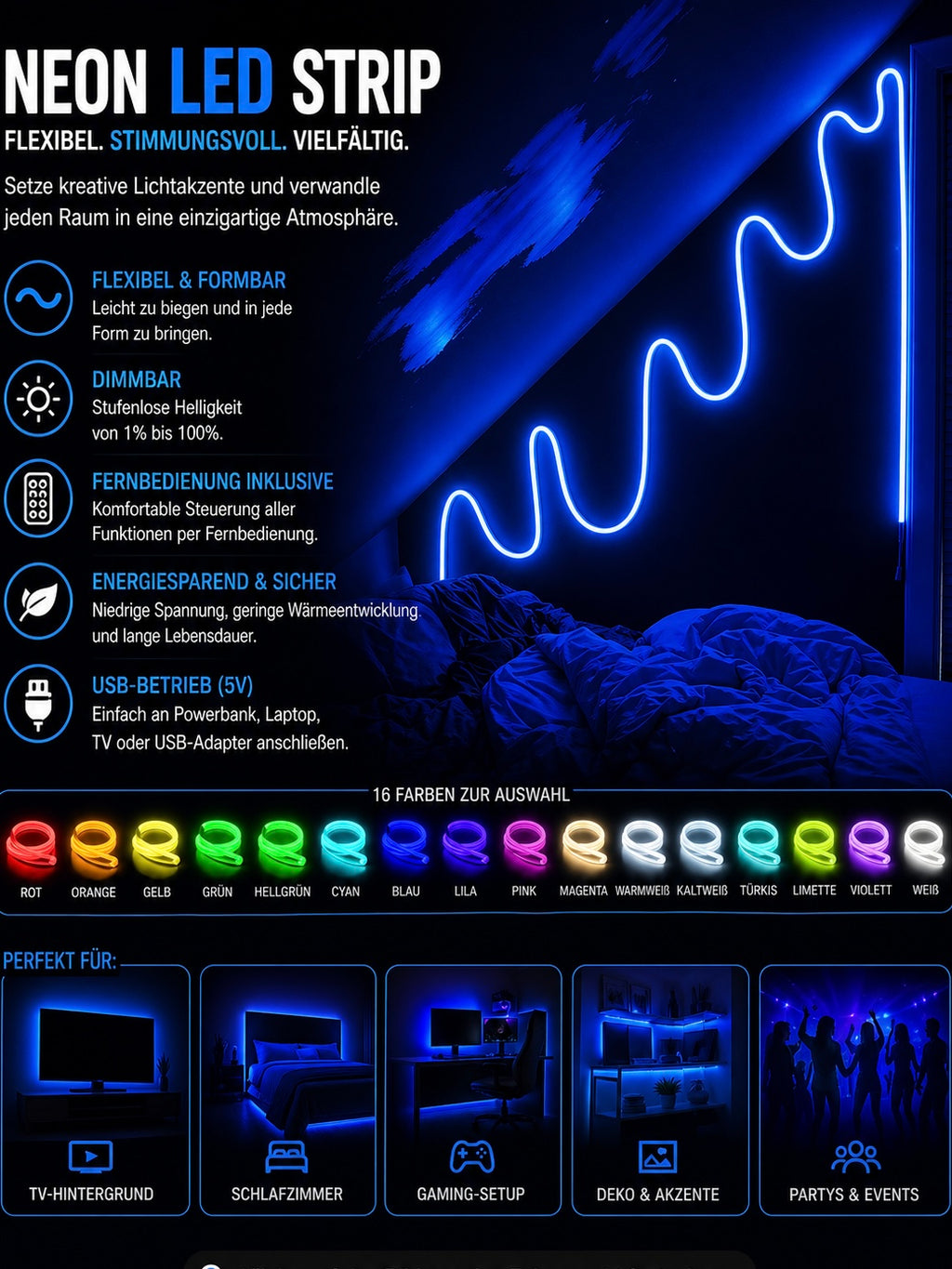 LED Neon-Lichtstreifen RGB – Farbwechsel Zimmer Deko