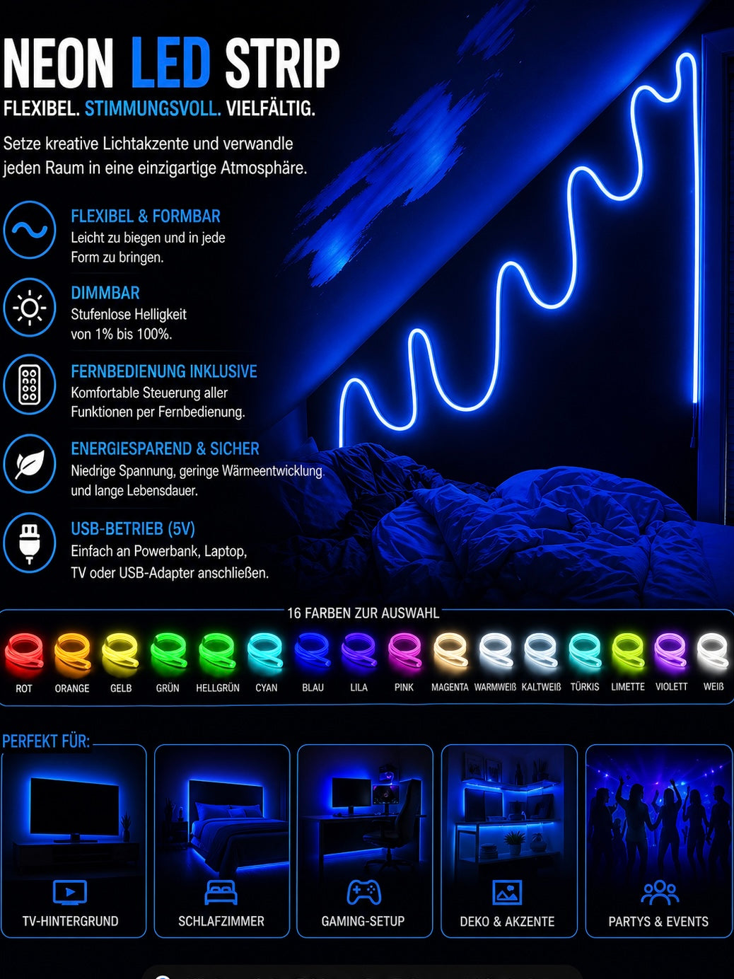 LED Neon-Lichtstreifen RGB – Farbwechsel Zimmer Deko