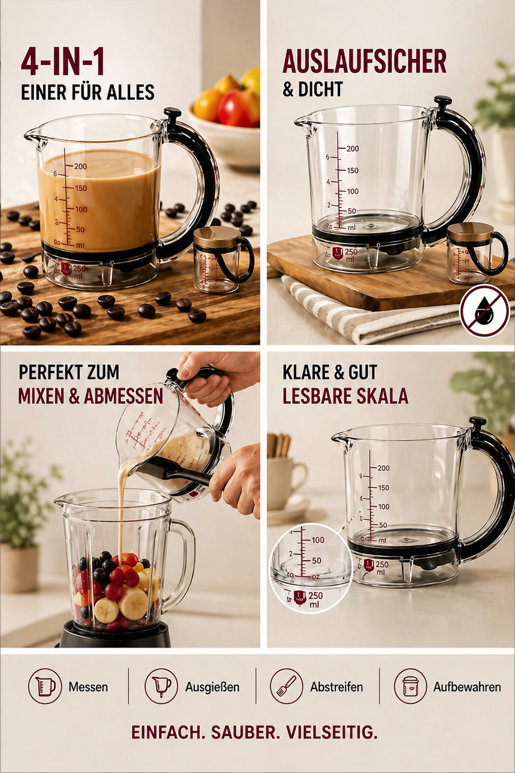4-in-1 Messbecher – verstellbar & platzsparend für die Küche