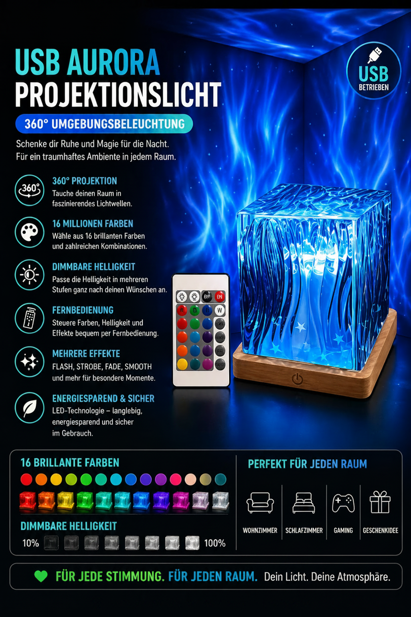 Aurora Ozeanwellen Projektor – 16-Farben RGB LED Nachtlicht