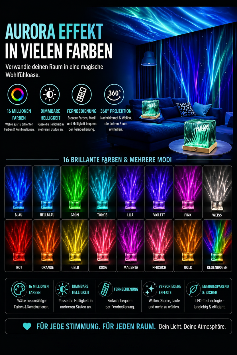 Aurora Ozeanwellen Projektor – 16-Farben RGB LED Nachtlicht