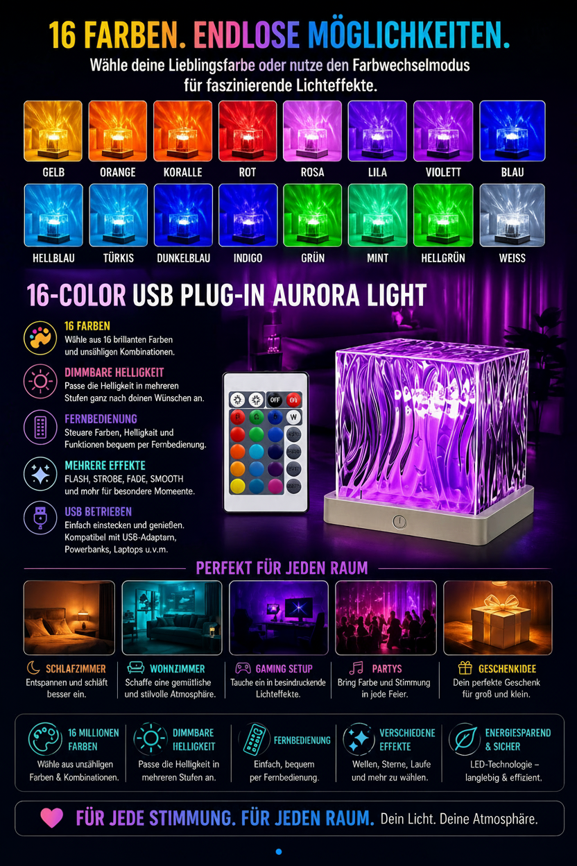 Aurora Ozeanwellen Projektor – 16-Farben RGB LED Nachtlicht