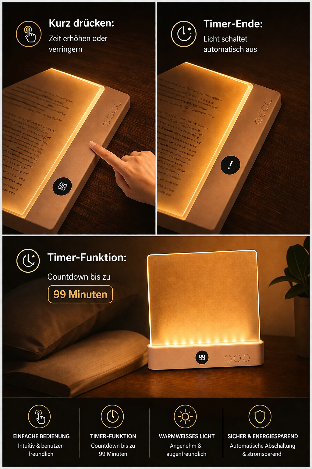 LED Buchlampe Nachtlicht 2-in-1 – dimmbar mit Timer