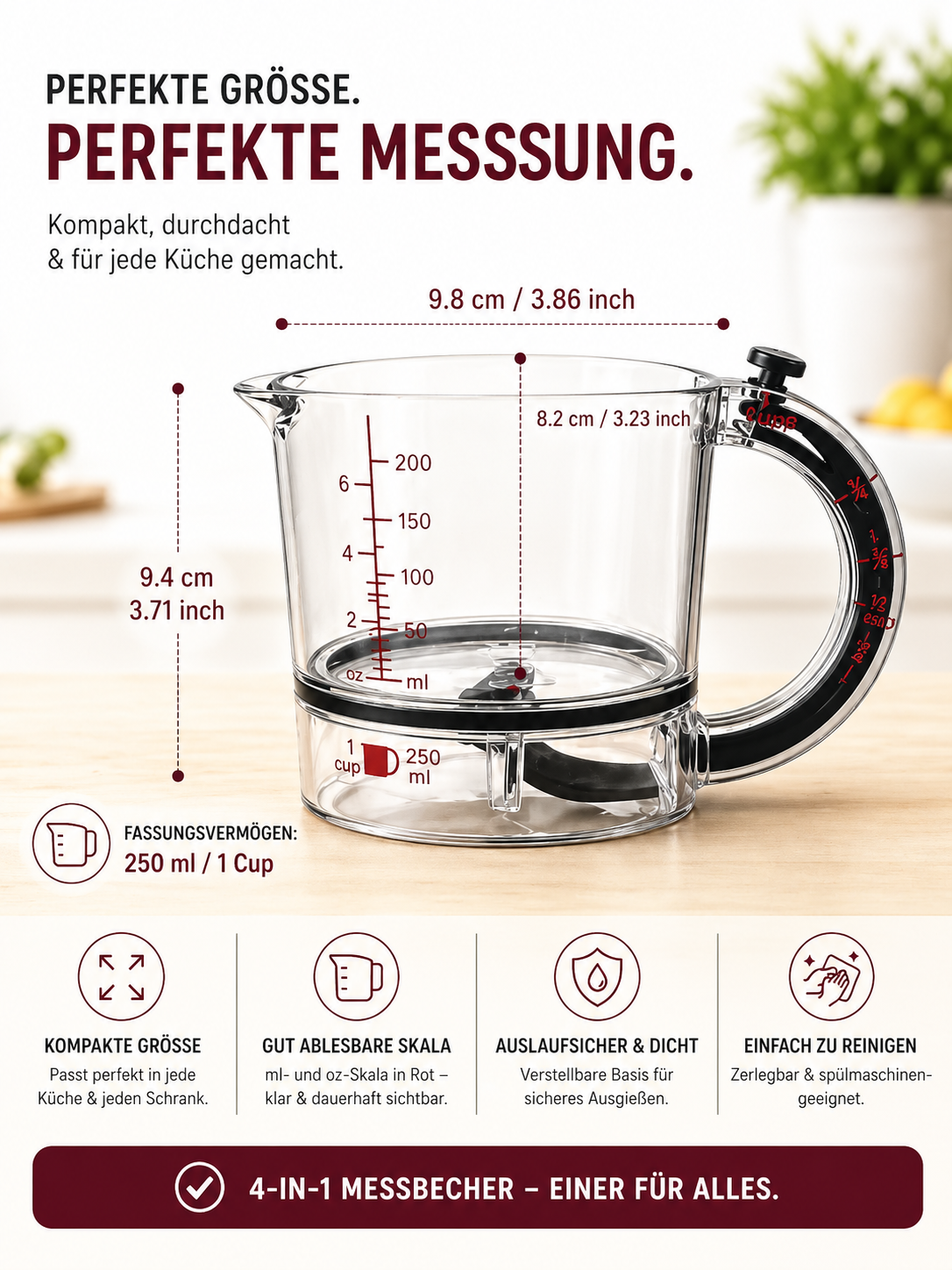 4-in-1 Messbecher – verstellbar & platzsparend für die Küche