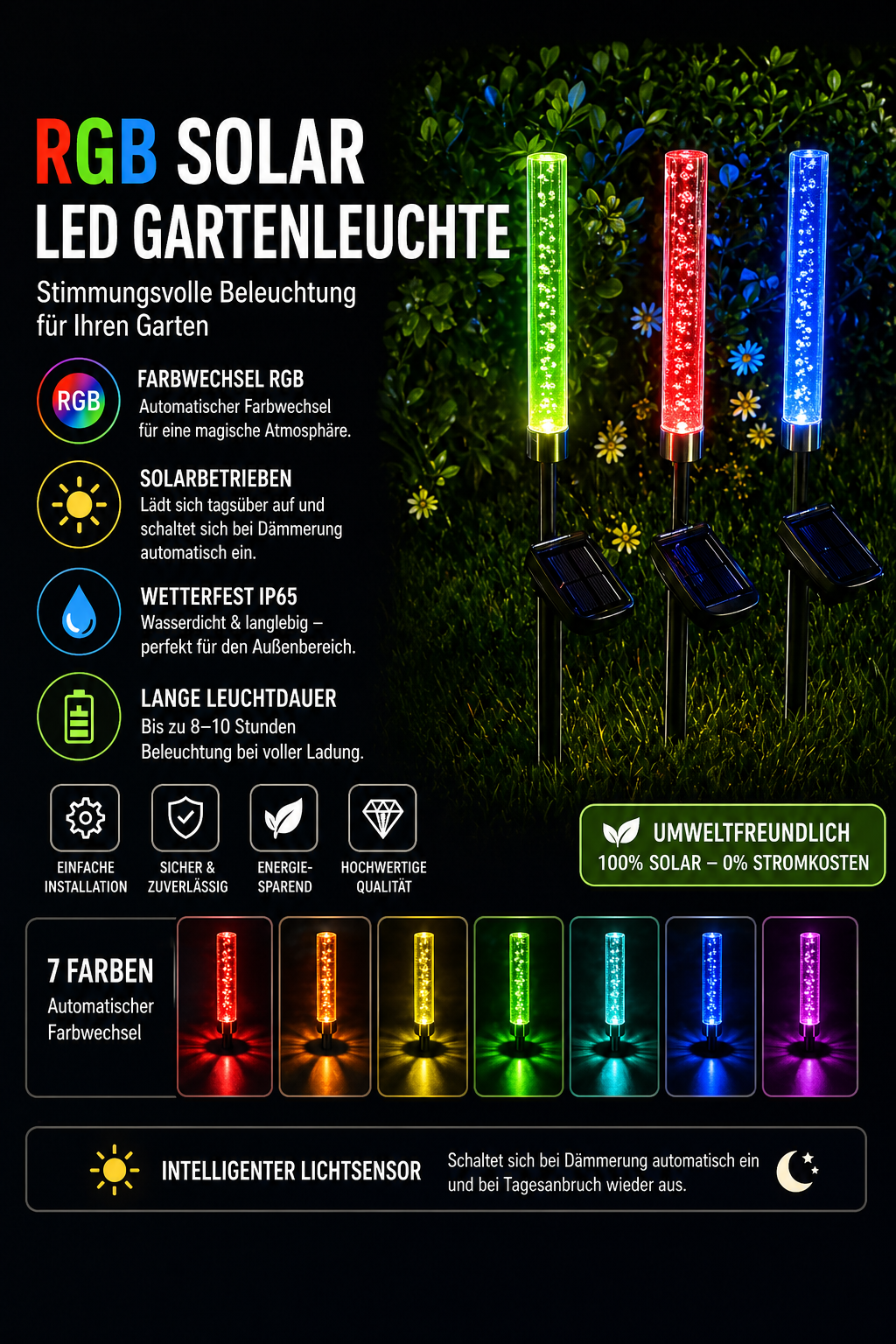 Solar Gartenleuchte – Farbwechsel LED für Terrasse & Rasen
