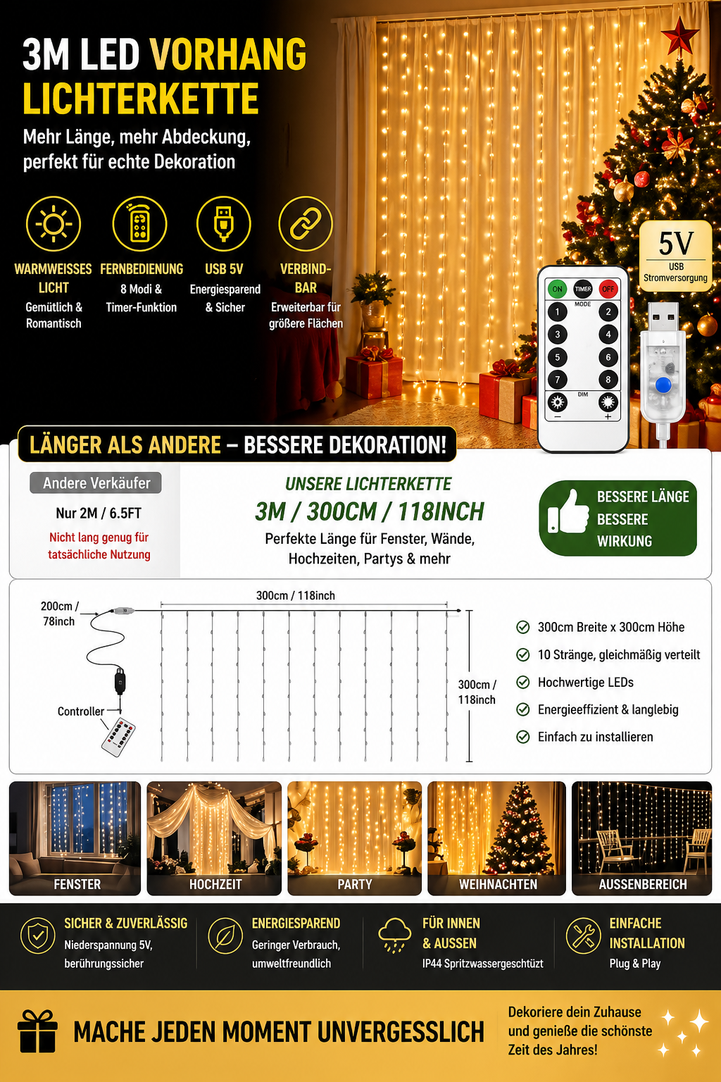 LED Lichtvorhang mit Fernbedienung – Zimmer & Deko
