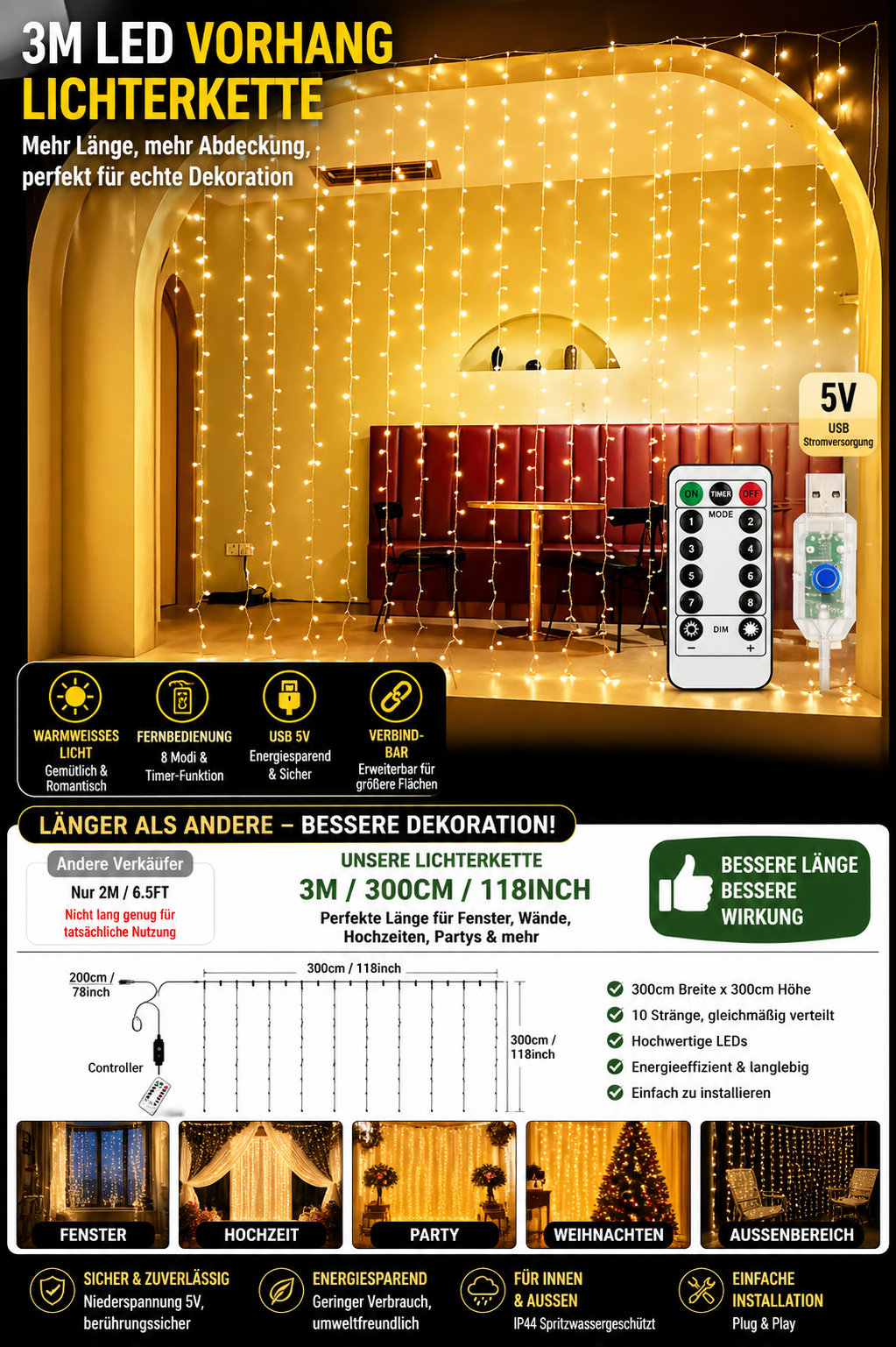 LED Lichtvorhang mit Fernbedienung – Zimmer & Deko