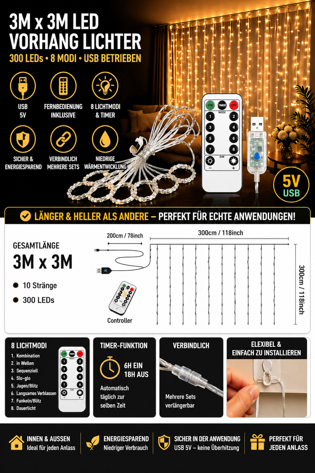 LED Lichtvorhang mit Fernbedienung – Zimmer & Deko