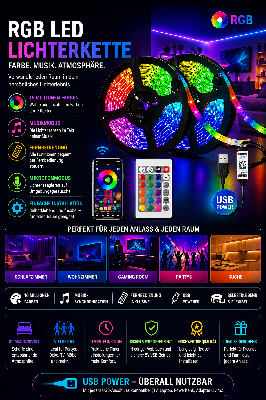 LED Lichtstreifen RGB – Smart Beleuchtung für Zimmer & Fernseher