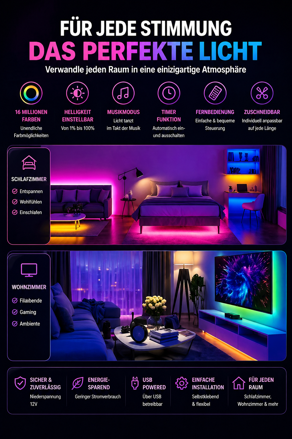 LED Lichtstreifen RGB – Smart Beleuchtung für Zimmer & Fernseher