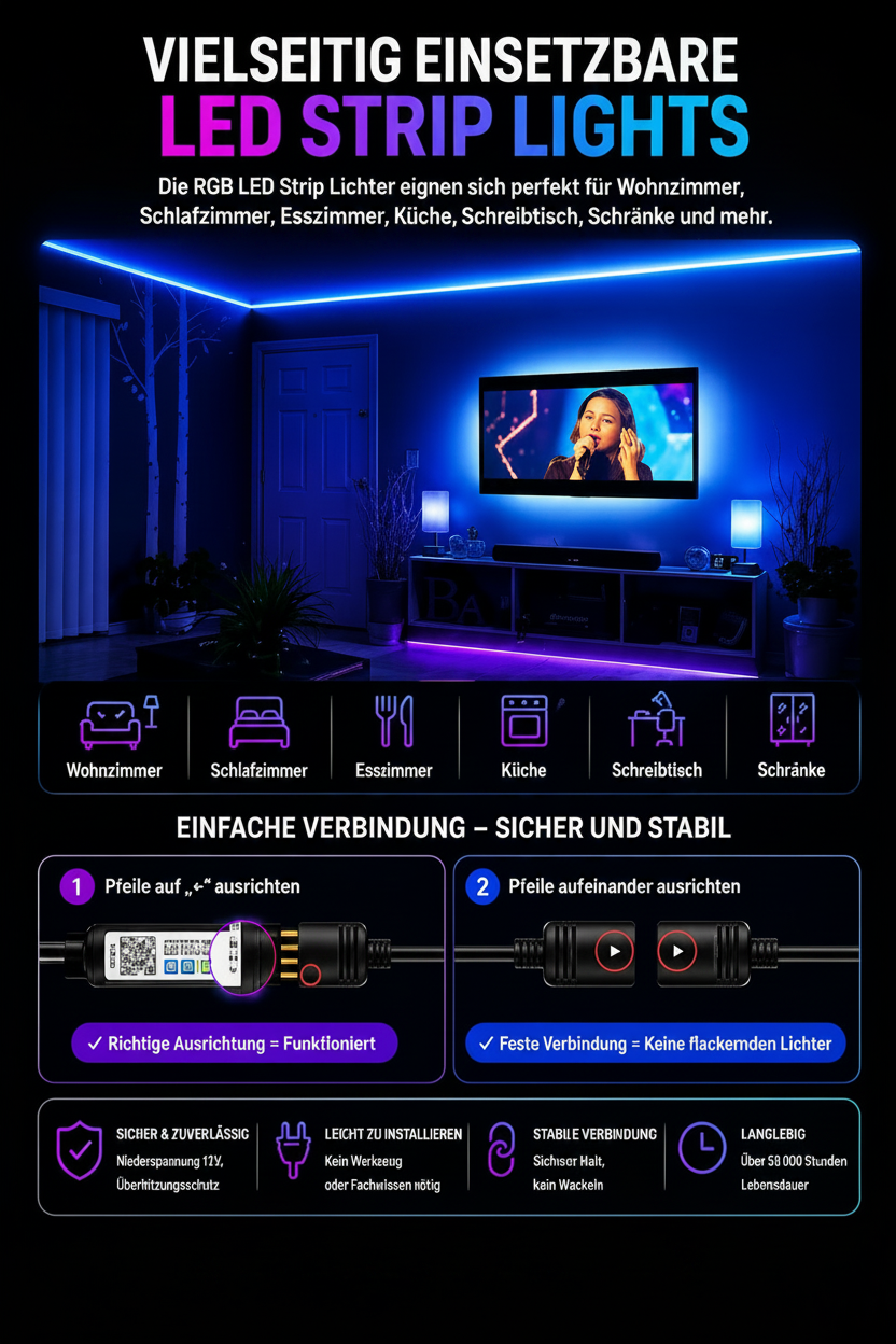 LED Lichtstreifen RGB – Smart Beleuchtung für Zimmer & Fernseher