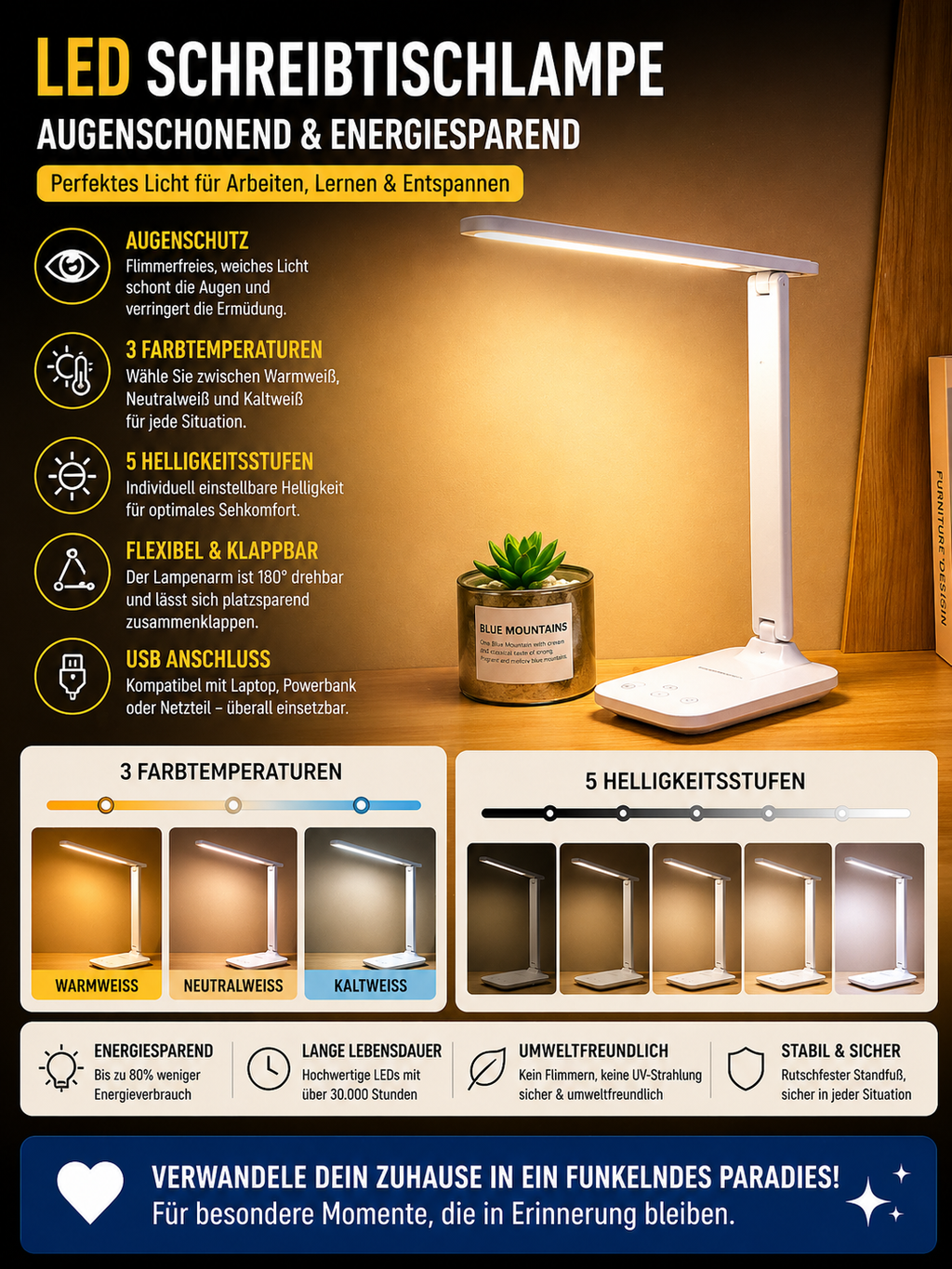 LED Tischlampe USB – dimmbar für Schreibtisch & Nachttisch
