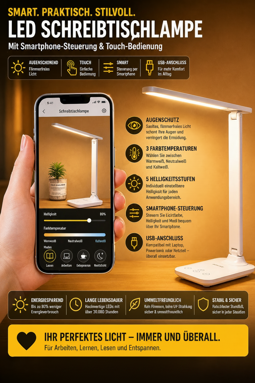 LED Tischlampe USB – dimmbar für Schreibtisch & Nachttisch