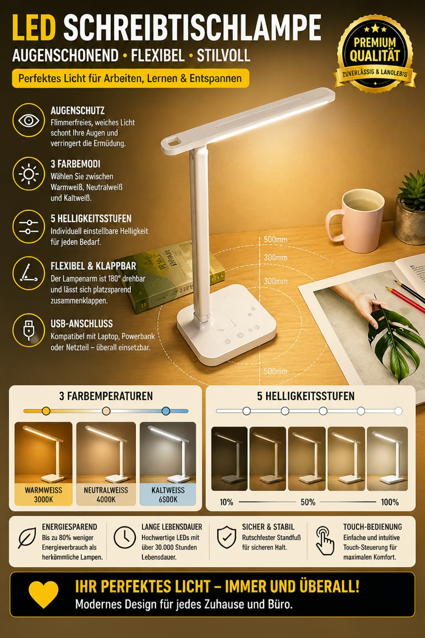 LED Tischlampe USB – dimmbar für Schreibtisch & Nachttisch