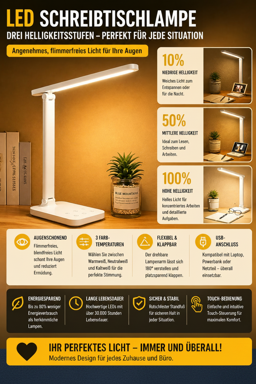 LED Tischlampe USB – dimmbar für Schreibtisch & Nachttisch