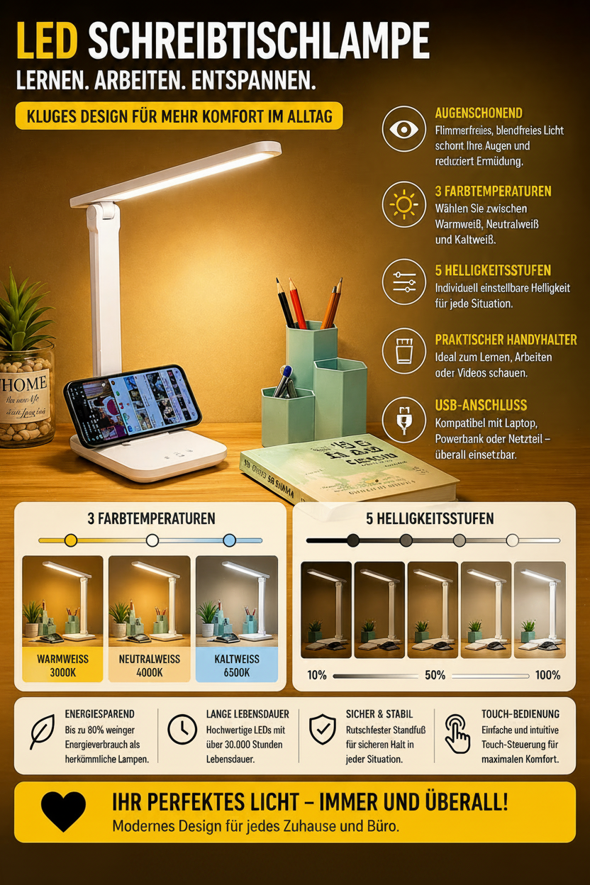 LED Tischlampe USB – dimmbar für Schreibtisch & Nachttisch