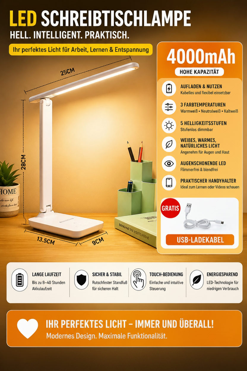 LED Tischlampe USB – dimmbar für Schreibtisch & Nachttisch
