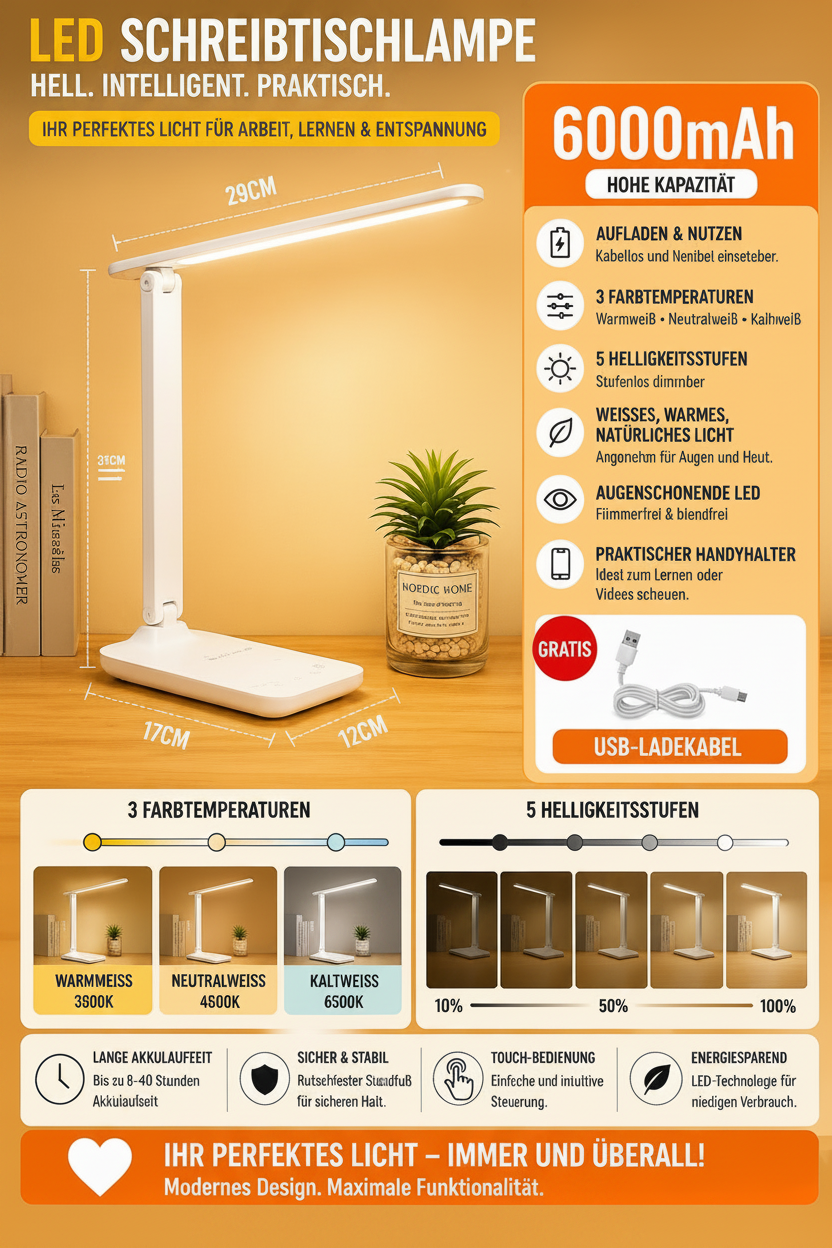 LED Tischlampe USB – dimmbar für Schreibtisch & Nachttisch