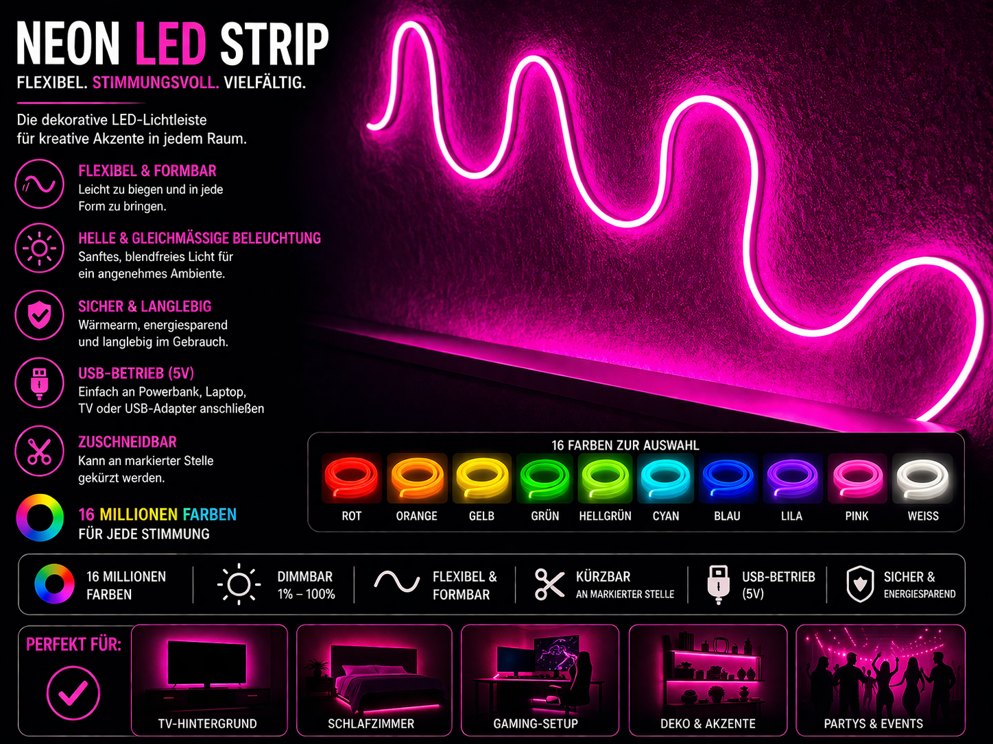 LED Neon-Lichtstreifen RGB – Farbwechsel Zimmer Deko