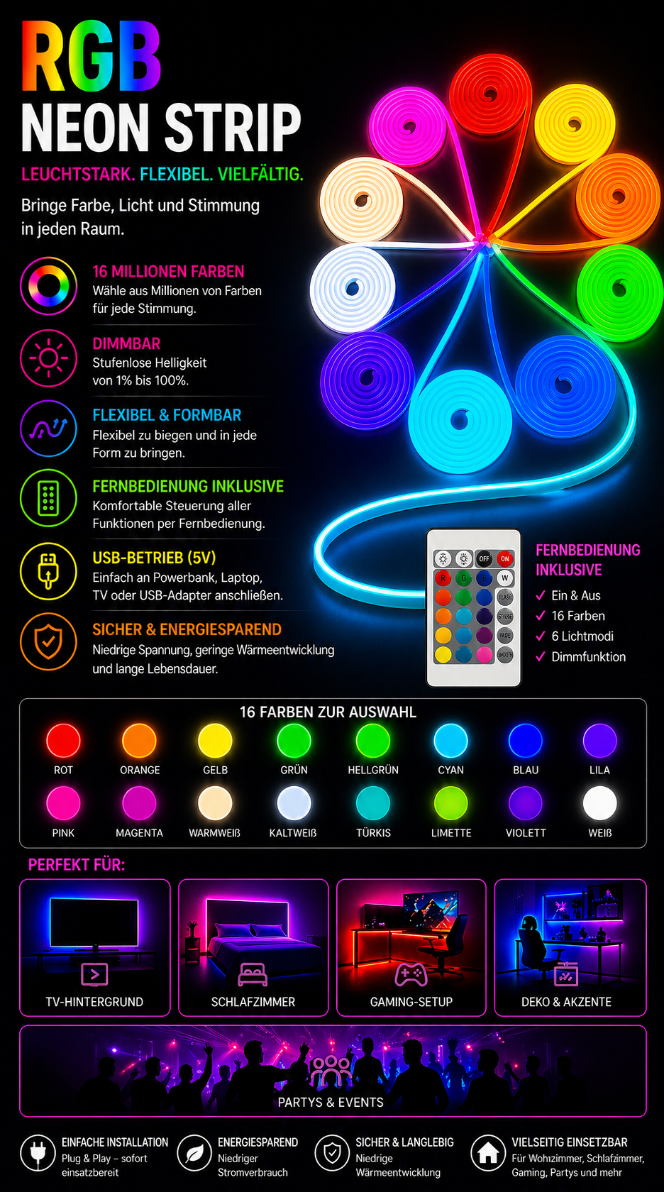 LED Neon-Lichtstreifen RGB – Farbwechsel Zimmer Deko