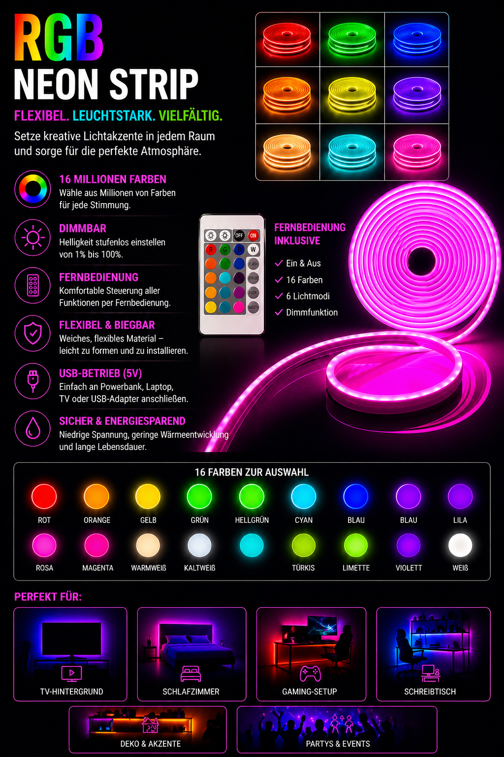 LED Neon-Lichtstreifen RGB – Farbwechsel Zimmer Deko