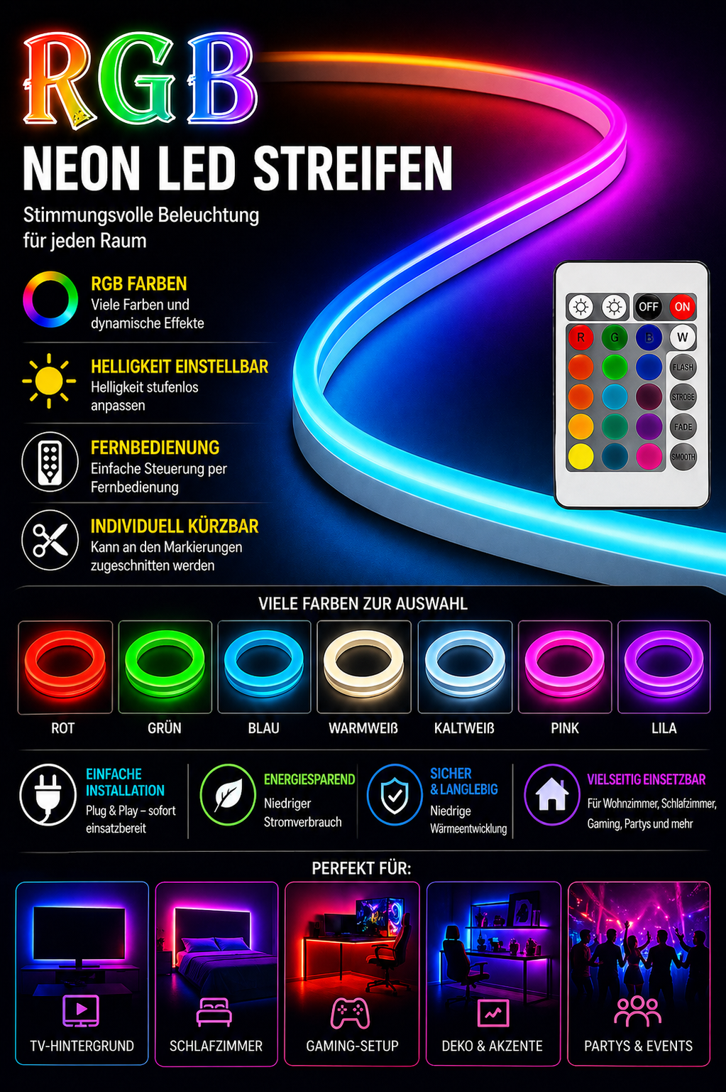LED Neon-Lichtstreifen RGB – Farbwechsel Zimmer Deko