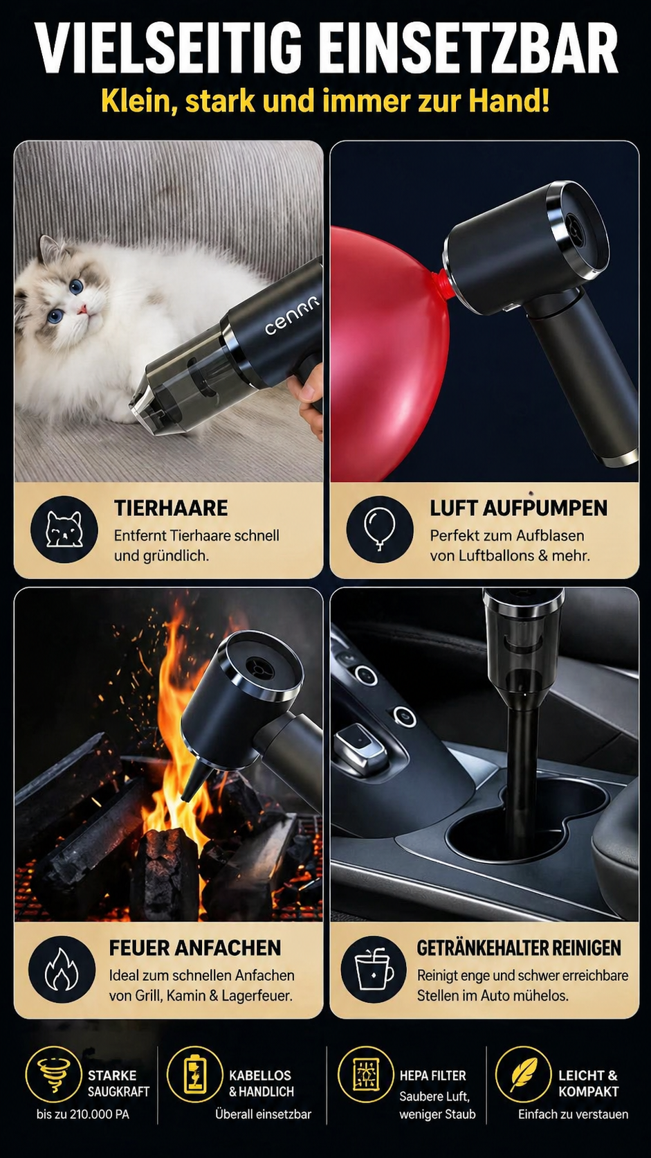CENRR Auto-Staubsauger 210.000 PA – Kabellos & Multifunktional