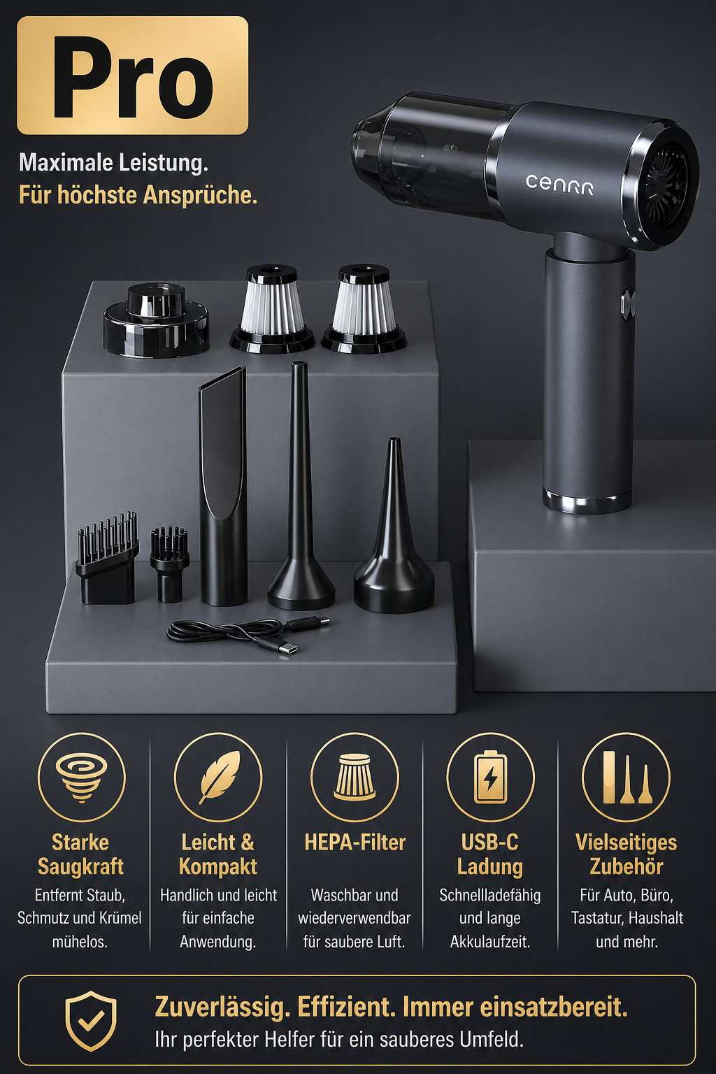 CENRR Auto-Staubsauger 210.000 PA – Kabellos & Multifunktional