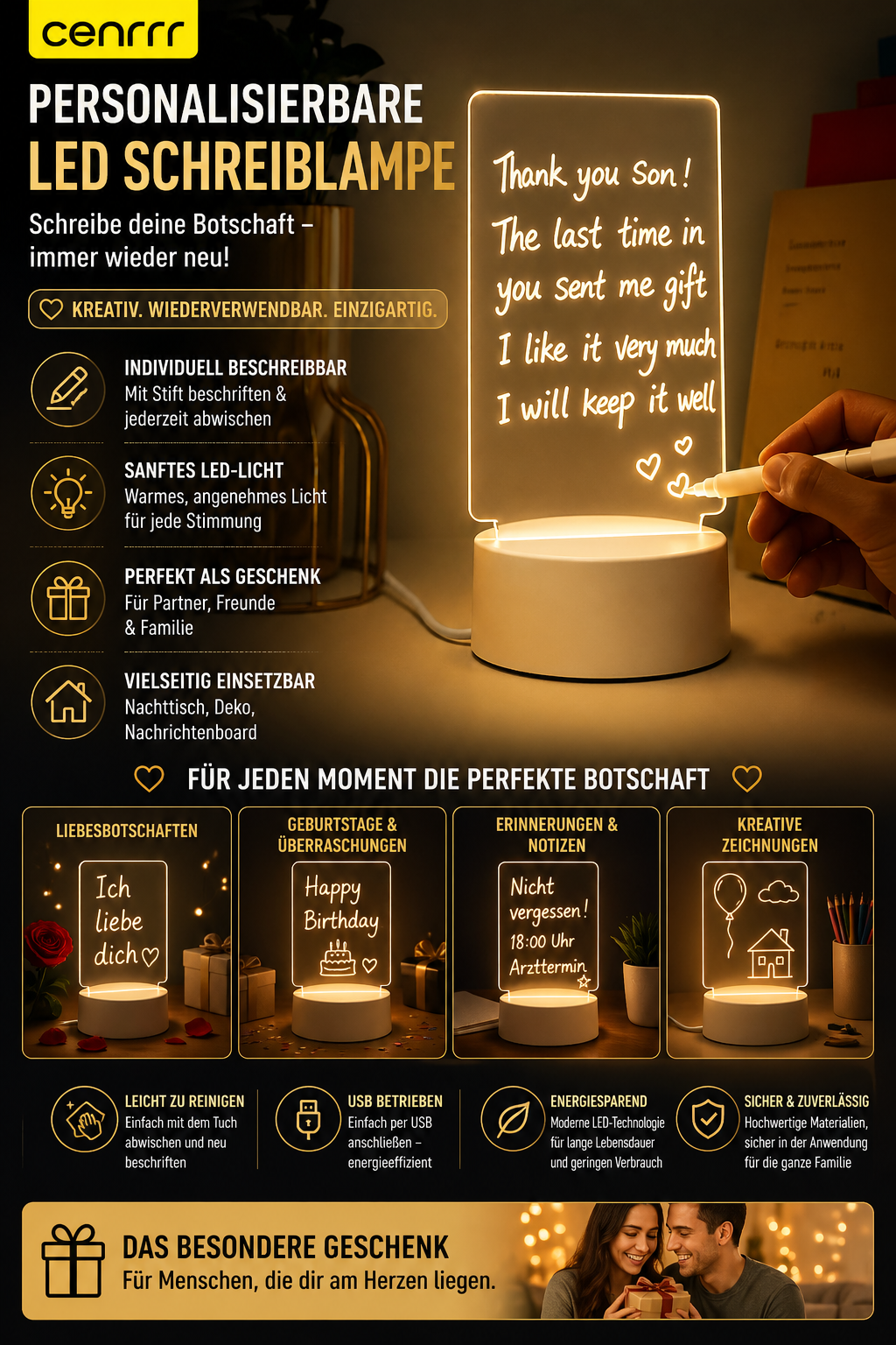 LED Leuchtboard mit Stift – wiederbeschreibbare Nachrichtentafel für Geschenke, Notizen und kreative Botschaften