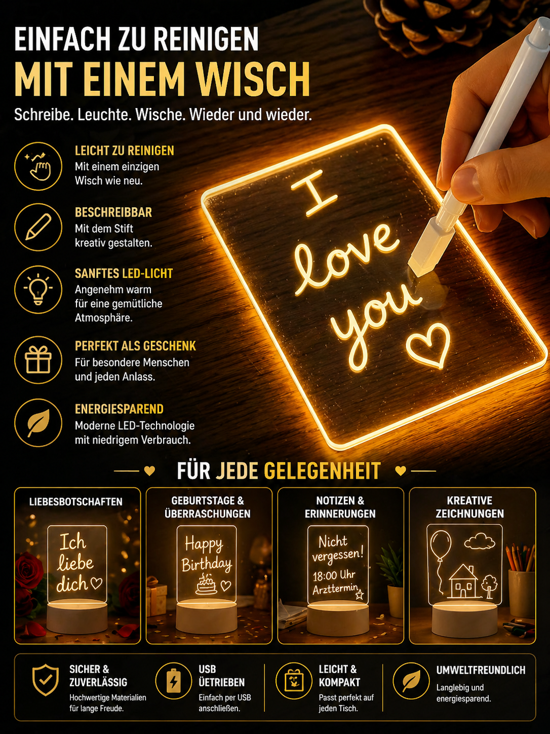 LED Leuchtboard mit Stift – wiederbeschreibbare Nachrichtentafel für Geschenke, Notizen und kreative Botschaften