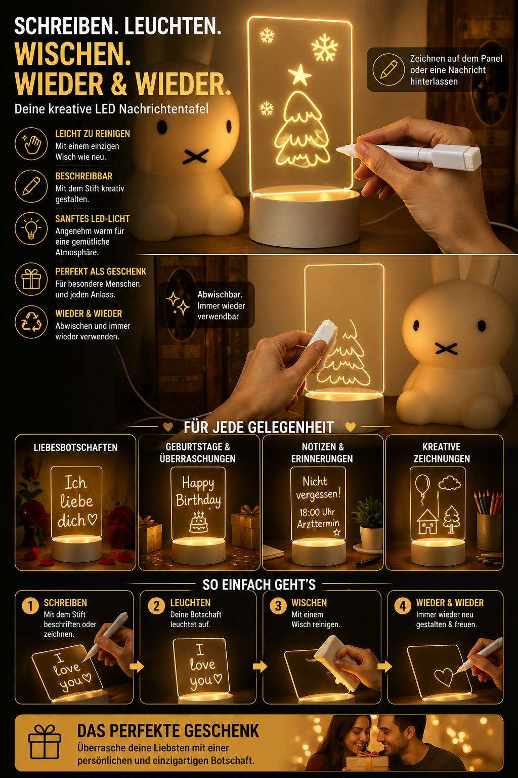 LED Leuchtboard mit Stift – wiederbeschreibbare Nachrichtentafel für Geschenke, Notizen und kreative Botschaften