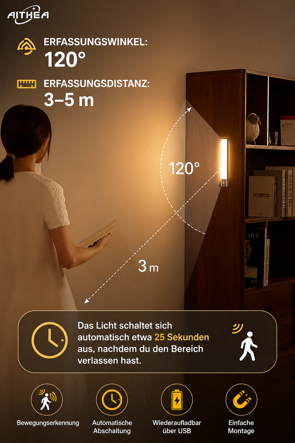 AITHEA Motion Sensor LED Nachtlicht – USB aufladbar, kabellos