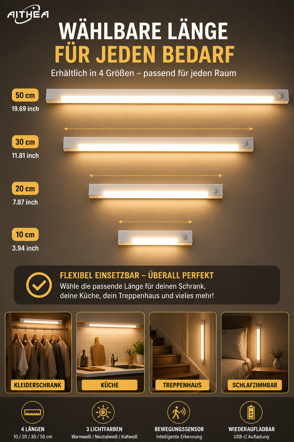 AITHEA Motion Sensor LED Nachtlicht – USB aufladbar, kabellos