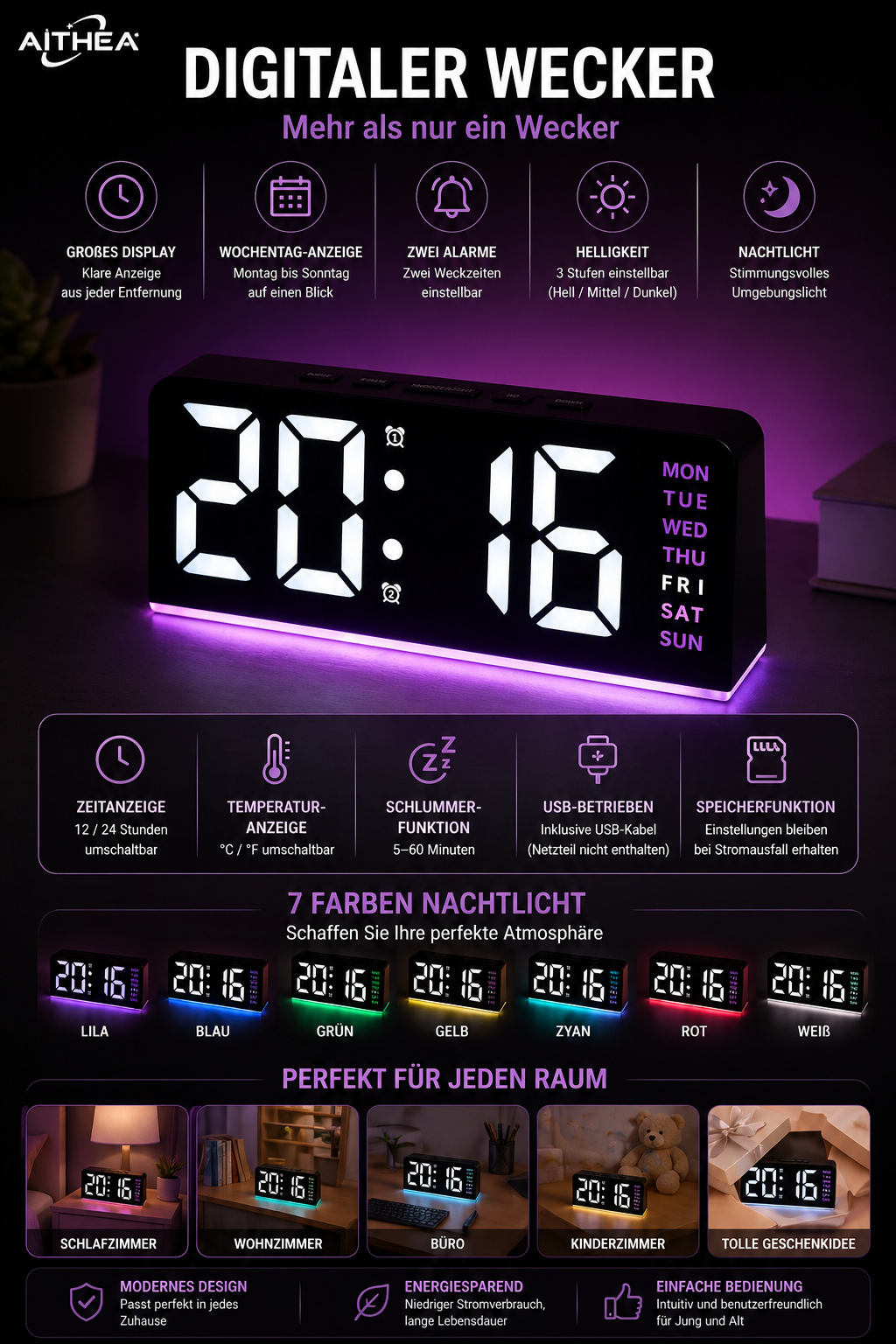 LED Digital Wecker mit Atmosphärenlicht – USB, Datum & Temperatur