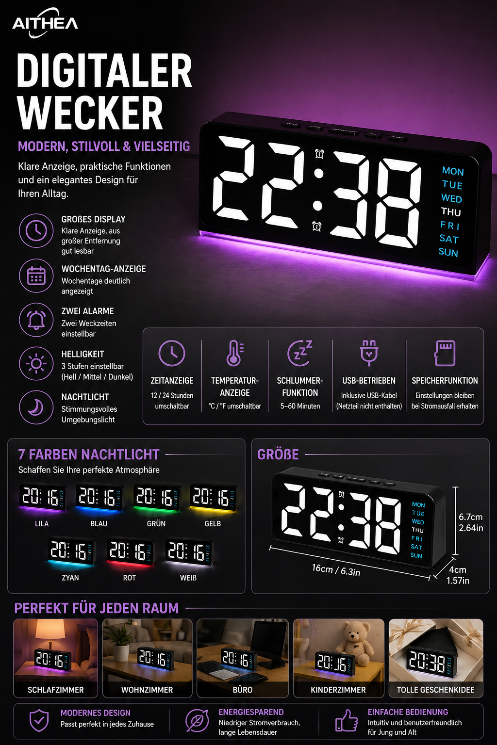 LED Digital Wecker mit Atmosphärenlicht – USB, Datum & Temperatur