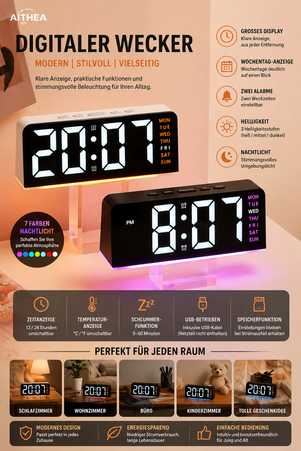 LED Digital Wecker mit Atmosphärenlicht – USB, Datum & Temperatur