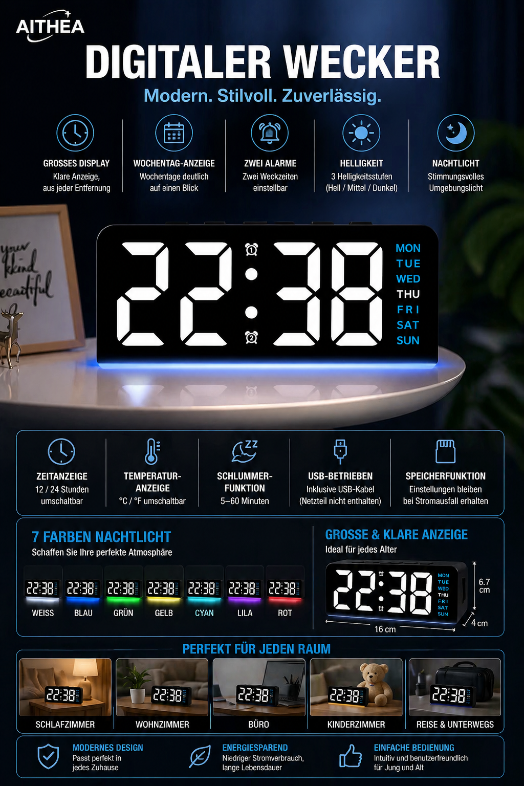LED Digital Wecker mit Atmosphärenlicht – USB, Datum & Temperatur