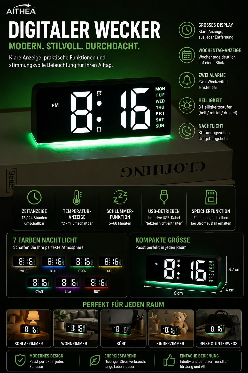 LED Digital Wecker mit Atmosphärenlicht – USB, Datum & Temperatur