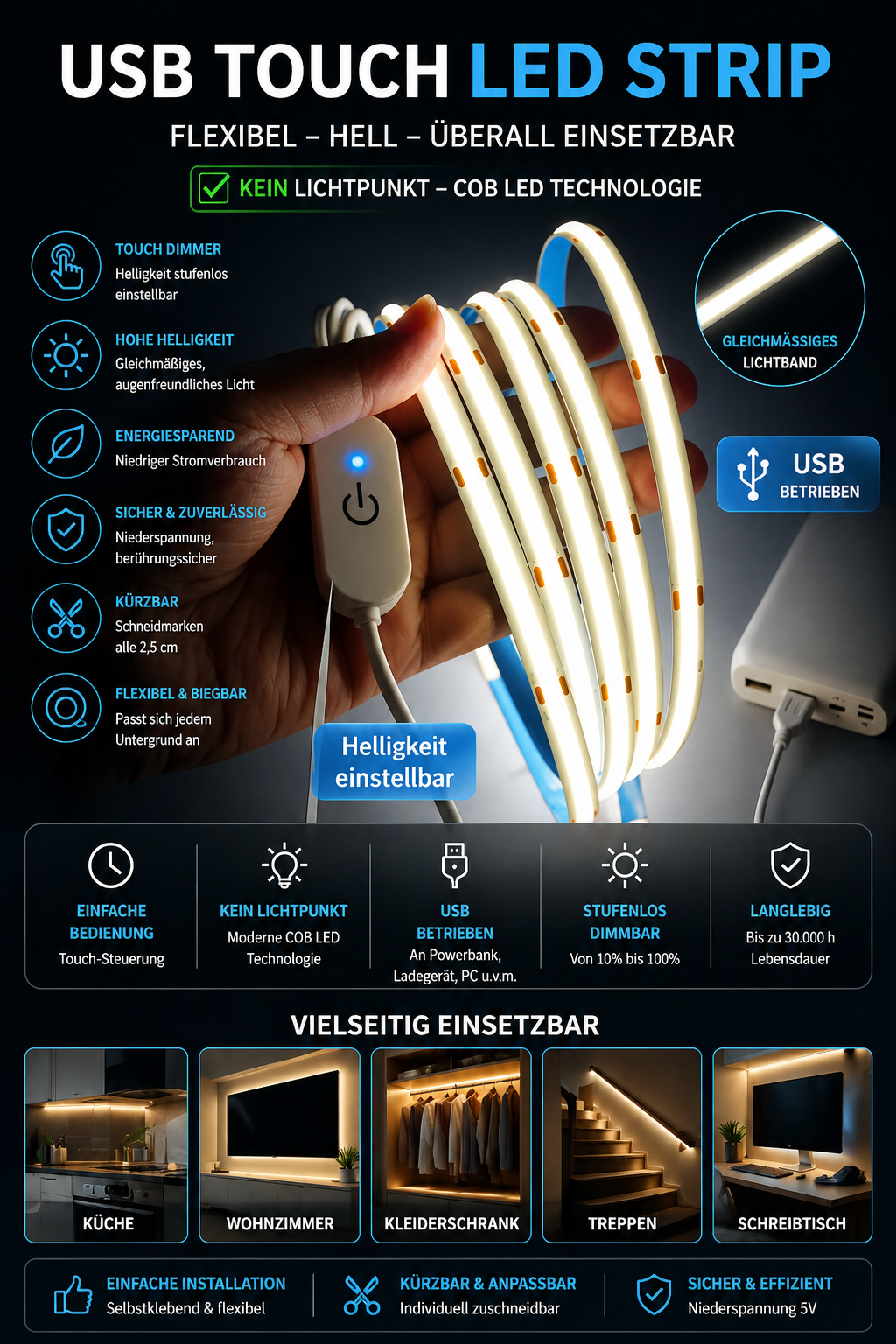 LED COB Lichtstreifen – Touch Dimmer & USB-betrieben