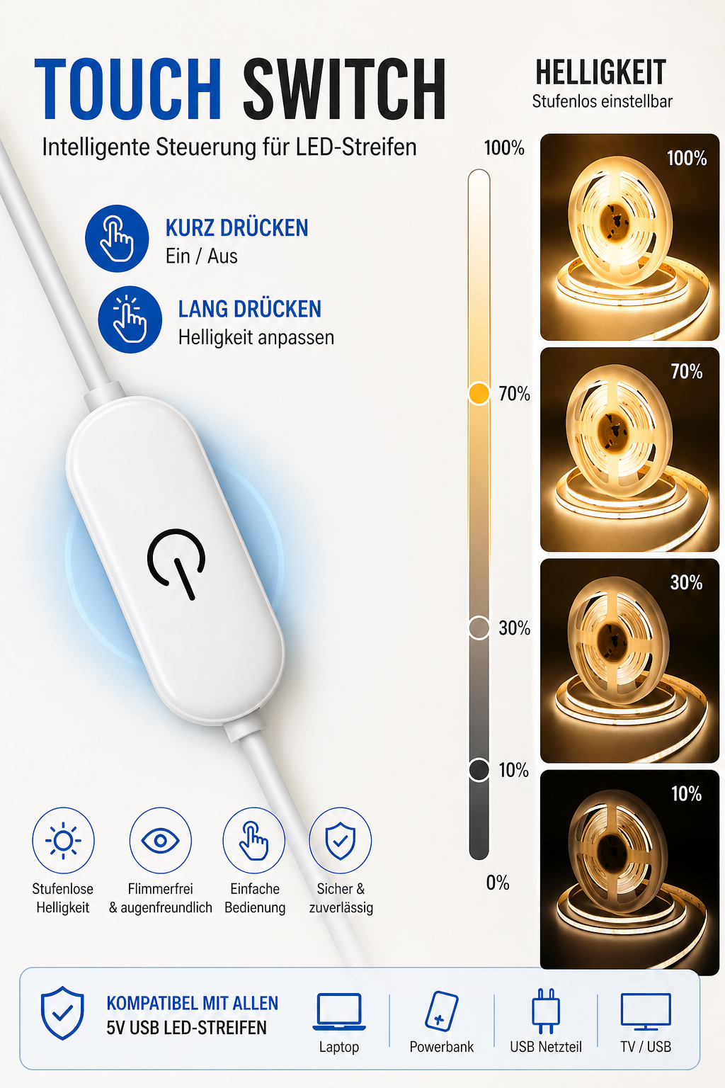 LED COB Lichtstreifen – Touch Dimmer & USB-betrieben