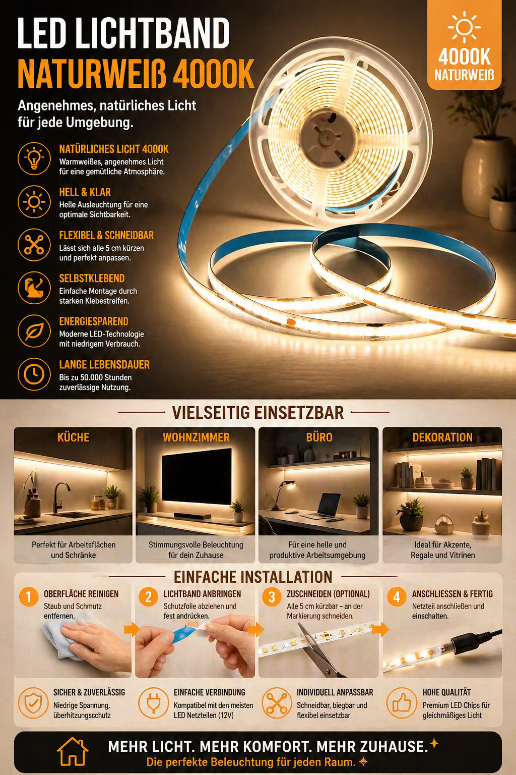 LED COB Lichtstreifen – Touch Dimmer & USB-betrieben