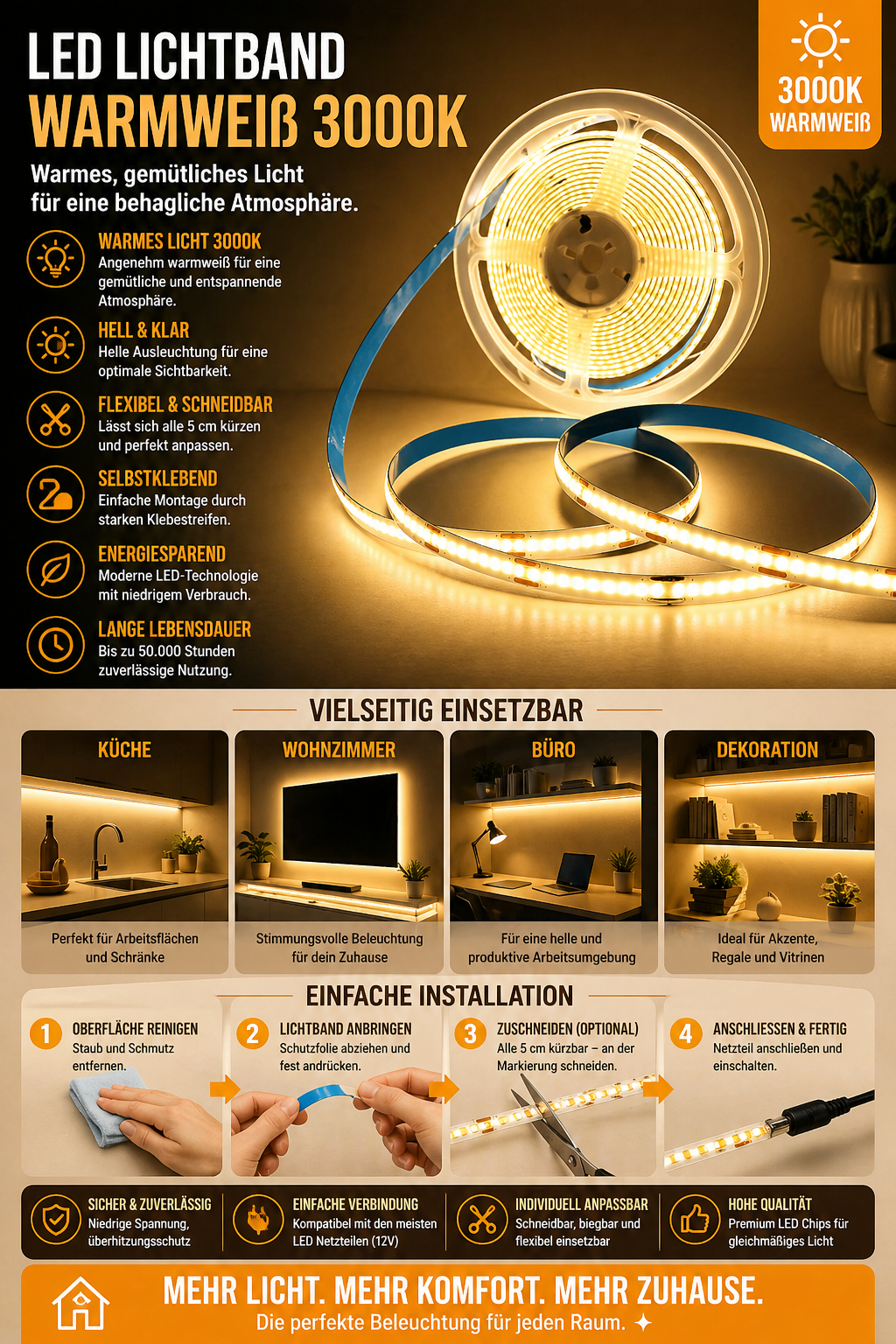 LED COB Lichtstreifen – Touch Dimmer & USB-betrieben